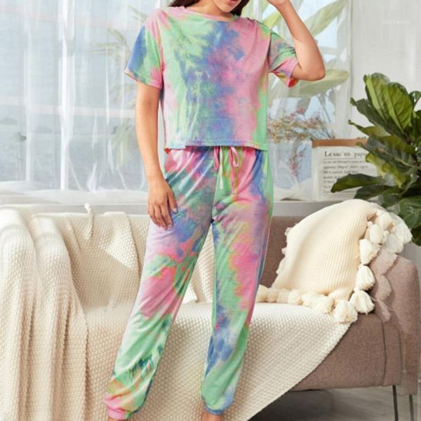 

gym clothing women's sport suit tie-dye gradient color leisure casual short sleeve and long pants trainning sets 2021 sweatshirts #31, White;black