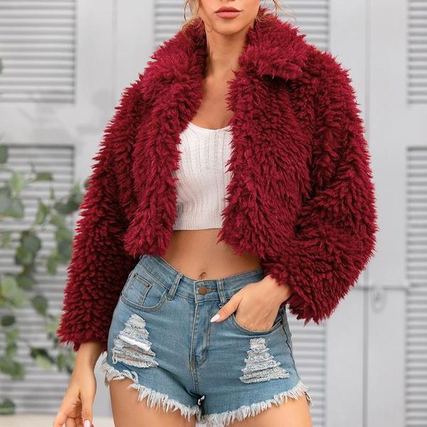 

women's shaggy faux fur coat fleece fuzzy faux shearling jacket outwear fashion girls ladies streetwear short outerwear a50, Black