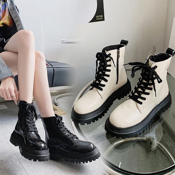 

round toe med heel boots shoes ankle booties women boots-women lace up luxury designer flat low lolita rock autumn rubber 2020, Black