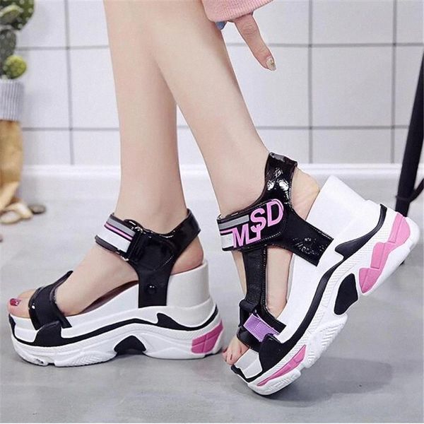 

10cm/3.9"" height wedge sandals women's chunky shoes woman fashion summer platform open toed sandals thick bottom beach shoes, Black