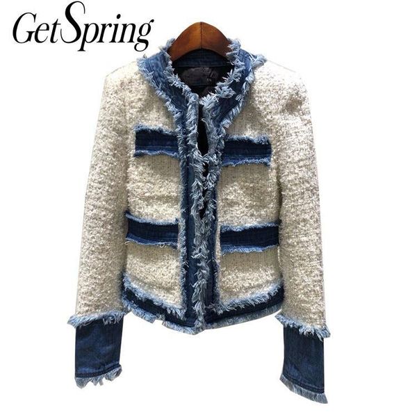 

getsring женщины куртка cowboy срощенной tweed с длинными рукавами куртка женщин пальто denim jacekts джинсы пальто 2019 осень зима wearx101, Black;brown