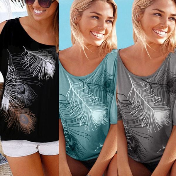 

vyaty new feather printedshoulder coat round neck large large short sleeve women's new feather printedshoulder coat t-shirt round si si, White