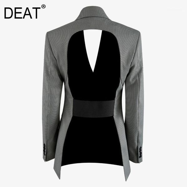 

women's suits & blazers deat 2021 notched collar double breasted gray color plaided high waist hollow out backless full sleeves single, White;black