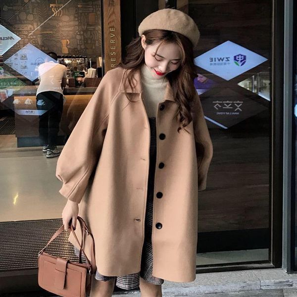 

women's wool & blends 2021 autumn woolen coats female loose winter jackets outwear single-breasted causal coat woman outdfit, Black