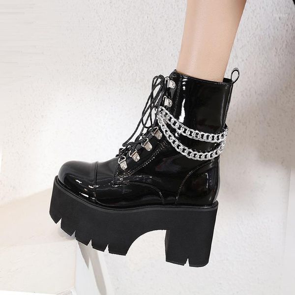 

boots platform patent leather rivet lace-up plus velvet women's shoes1, Black