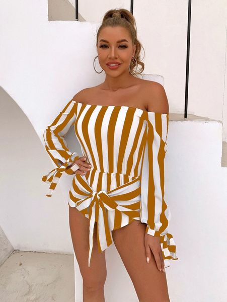 

joyfunear off shoulder knot cuff tie front striped romper x9se#, White