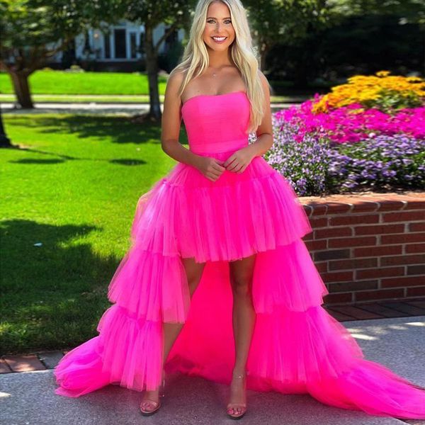 

fuschia tulle high low prom dresses 2021 strapless zipper back summer women special occasion gowns cocktail party dress, Black