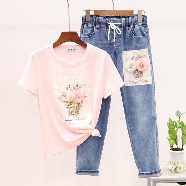 

two piece suit woman spring summer new beads stereo flower printed cotton t-shirt + loose jeans two-piece set ladies jeans sets1, White