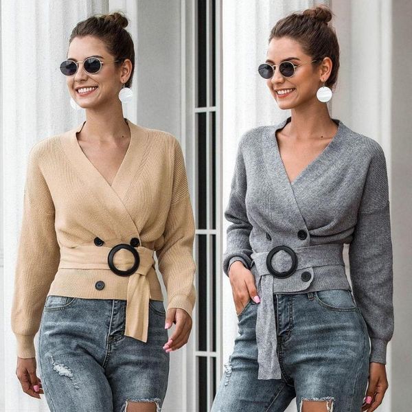 

women's knits & tees knitted double breasted long sleeve v neck women sweater fashion 2021 black cardigan autumn winter clothes knitwea, White