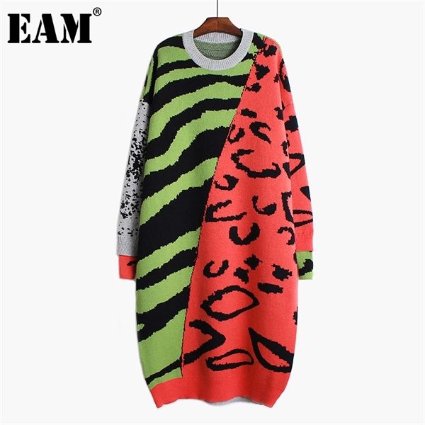 

eam] women leopard big size long knitting dress new round neck long sleeve loose fit fashion tide autumn winter 2020 1da784 h1210, Black;gray