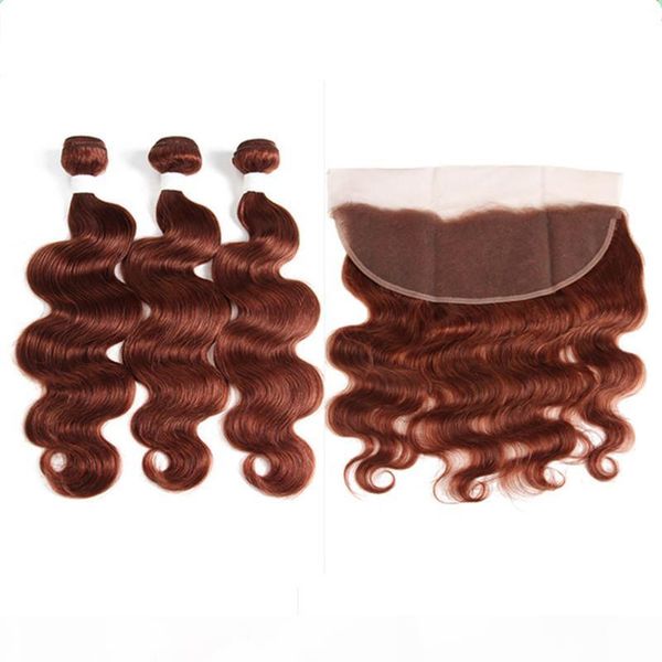 

body wave #33 dark auburn full lace frontal closure 13x4 with weaves 3pcs wefts extensions virgin brazilian copper red human hair bundles, Black;brown