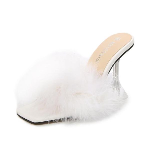 

women's pvc slide sandal peep toe feather fur slip on shoes, Black