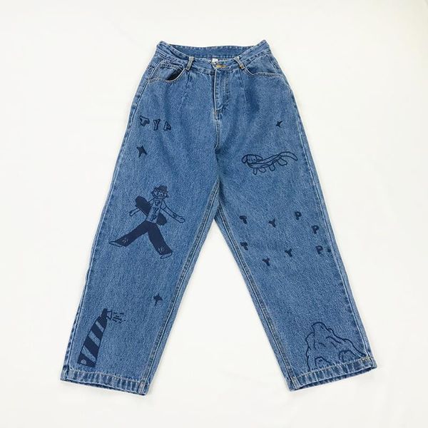 

women's jeans 2021 summer fashion printing cartoon mermaid loose trousers casual cotton girls wide leg pants lovers bottoms, Blue