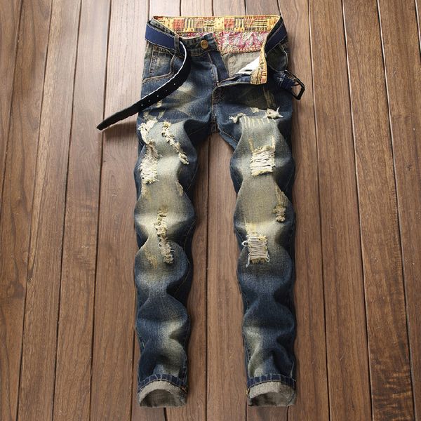 

men's fashion brand baggy pants with holes, Blue