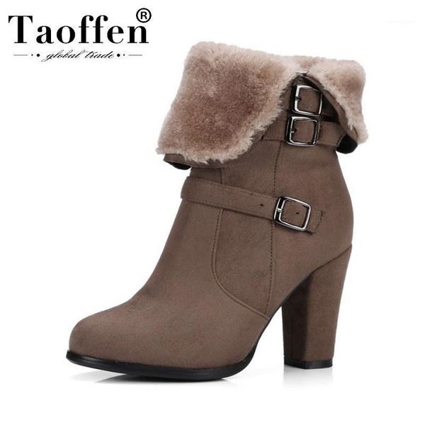 

taoffen 4 color winter plush fur office ladies ankle boots keep warm zipper buckle high heel shoes woman botas size 34-431, Black