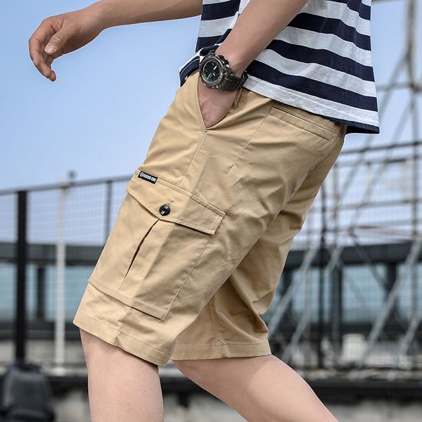 

2021 khaki men cargo elastic waist pure cotton shorts male bermudas summer fashion clothing street wear new sqic, White;black