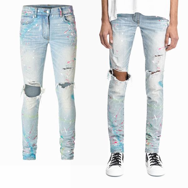 

oem new designs wholesale china private label light blue paint jeans men