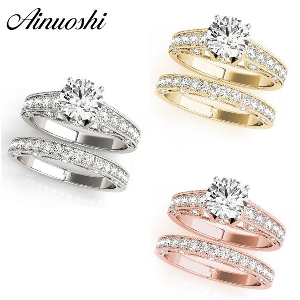 

ainuoshi trendy 925 sterling silver wedding engagement anniversary ring set 1ct round bridal party ring sets jewelry lover gifts y200106, Slivery;golden