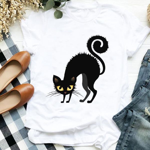 

women lady cat cartoon funny cute 90s autumn fall halloween print tshirt shirt clothes graphic female t tee womens t-shirt, White