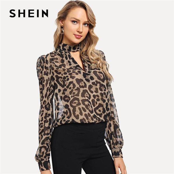 

shein multicolor office lady choker neck leopard print cut out long sleeve blouse autumn workwear fashion women and blouses1, White