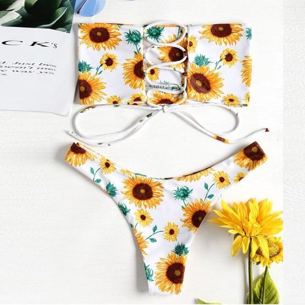 

#h40 women sunflower print bikini set swimsuit bikinis 2020 mujer bathing suit bra beachwear two piece swim suit tankini1, White;black