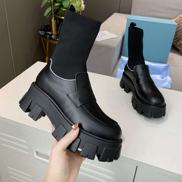 

socks boots autumn winter women shoes knitted elastic boots fashion letter martin boots thick heels woman falt shoes size 35-41, Black