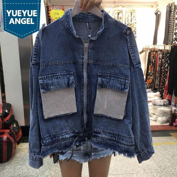 

women's jackets euro brand fashion diamonds big pocekts womens denim long sleeve stand collar casual loose coats streetwear1, Black;brown