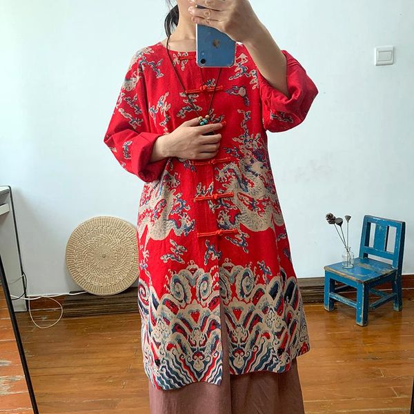 

chinese style dragon print cotton and coat female spring and autumn retro chinese style buckle flax outside, Black;brown