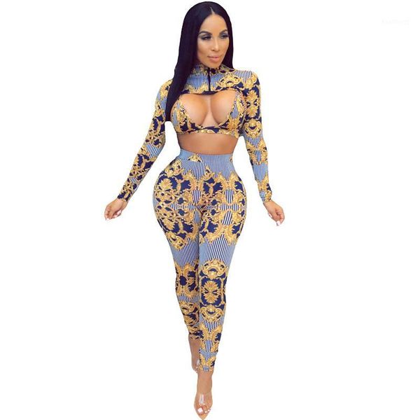 

autumn 3 piece set women set clothes long sleeve printed crop + bra + pants three piece night club party outfits1, White