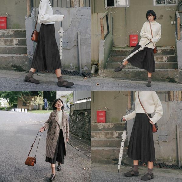 

2020 spring summer women high waist skirt solid color pleated skirt women causal midi skirts1, Black