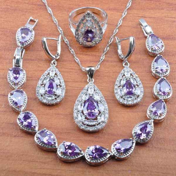 

christmas gifts natural purple crystal silver color dubai jewelry set for women earrings necklace pendant rings bracelet js3351