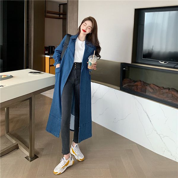 

french chic style casual elastic windbreaker versatile bandage waistband denim coat