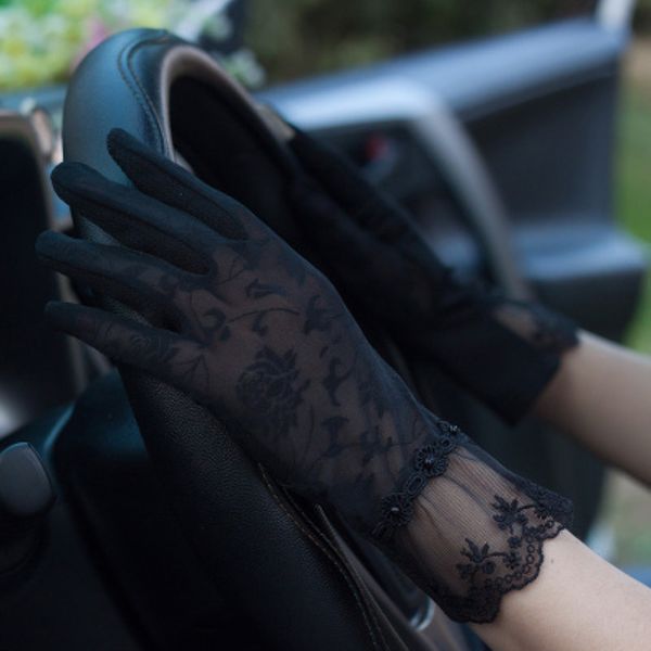 

summer sunscreen gloves women spring lace stretch touch screen anti uv slip resistant driving glove breathable guantes 23cm, Blue;gray