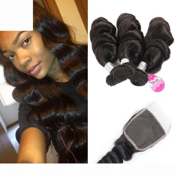 

brazilian loose wave bundles with closure unprocessed brazilian virgin loose deep wave bundles with closure middle 3 part human hair we, Black