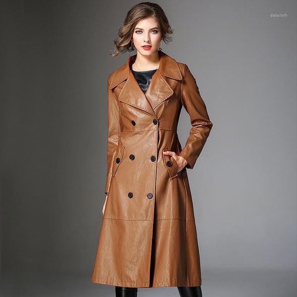 

2020 spring new high-end pu leather windbreakers european style women's fashion slim long trench coat elegant female outerwears1, Tan;black