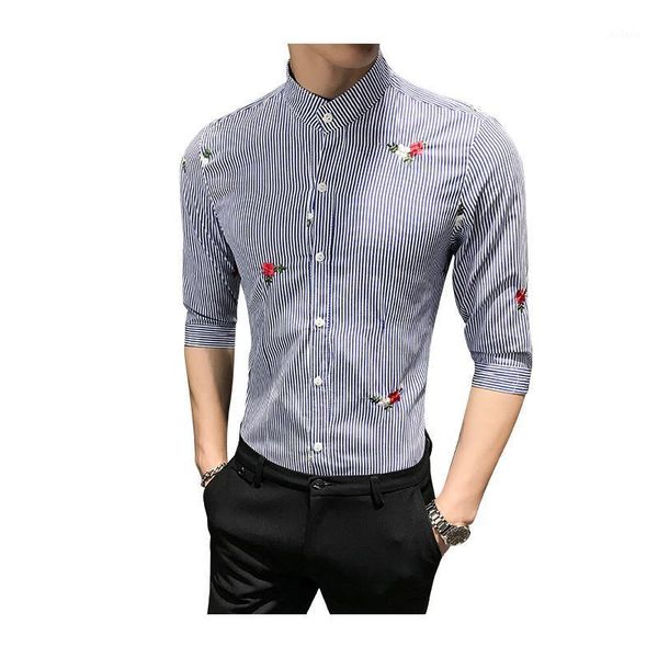 

2020 new men striped shirts casual 3/4 sleeve collarless mens shirt slim fit business male social flower embroried dress shirts1, White;black