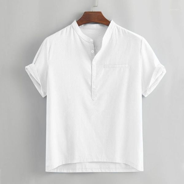 

shirts men's summer loose cotton blend solid button fake pocket short sleeve shirt henry collar casual blouse clothing new1, White;black