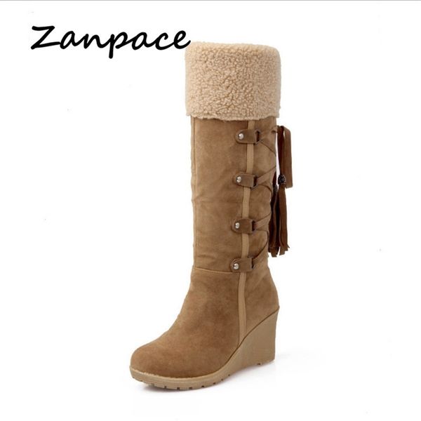 

autumn large size 43 snow wedges keep warm winter boots for tassel heel round toe knee high women shoes y200115, Black