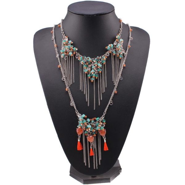 

new arrival design fashion brand long multi double chain necklace for women bib chunky statement pendant stone necklace, Silver