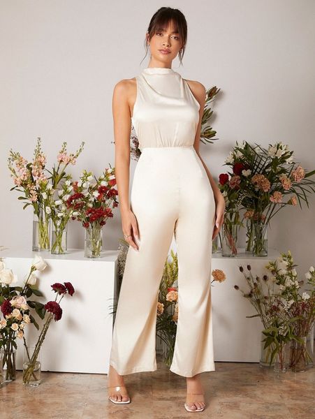 

solid satin flare leg jumpsuit 95hs#, White