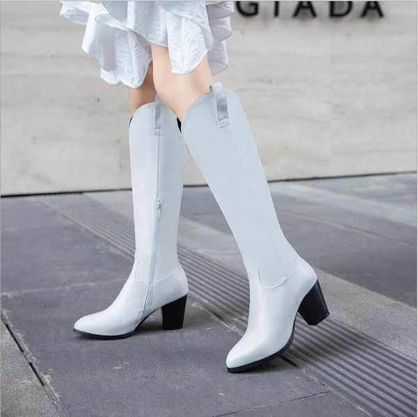 

2020 designer western black kneehigh boots for women pointed toe cowboy boots chunky square heel runway ladies motorcycle