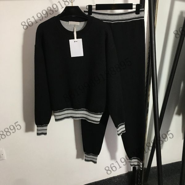 

brand designer women knitted pants suits letter 8 jacquard round neck long-sleeved pullover sweater elastic waist knitted trousers cashmere, White