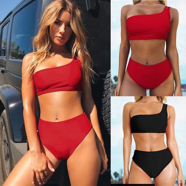 Bir Omuz Bikini Brazillian Mayo Kadınlar Kırmızı Bikini Set Seksi Mayo Kadın Tanga Beachwear Yüzme Suit Biquini T200508