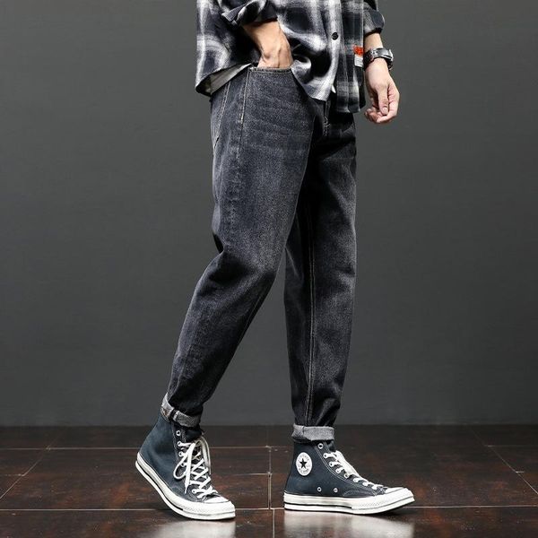 

men's jeans japanese style fashion men loose fit casual cotton denim harem pants winter warm vintage designer wide leg baggy trousers, Blue