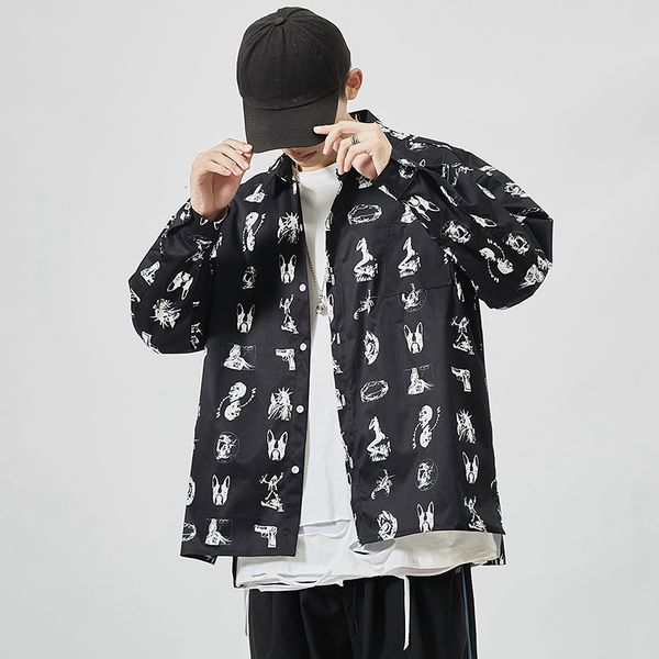 

2021 brand spring autumn long sleeves new flannel collar korea style shirt for men's print harajuku clothing wpsw, White;black