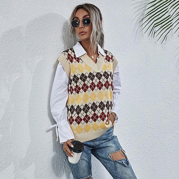 

argyle sweater vest women sleeveless v neck yk2 knitted women vest 2021 spring autumn office waistcoat ladies chaleco mujer1, Black;white