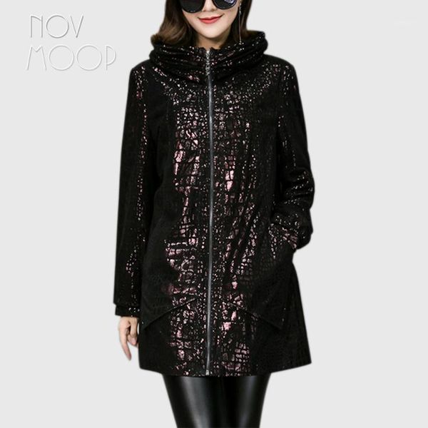

novmoop england style plus size women hooded sheepskin genuine leather trench coat luxury long jacket veste femme lt28441, Black