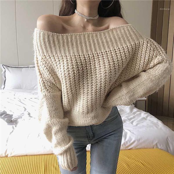 

alien kitty 2020 new knitted sweater lady bat sleeve off shoulder knitwear women solid crop knitted pullover 6 colors1, White;black