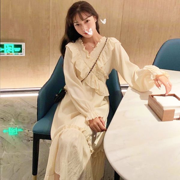 

2021 new elegant ruffled long sleeve maxi korean v-neck women fairy dress autumn one piece casual wedding party skirt 0fpi, Black;gray