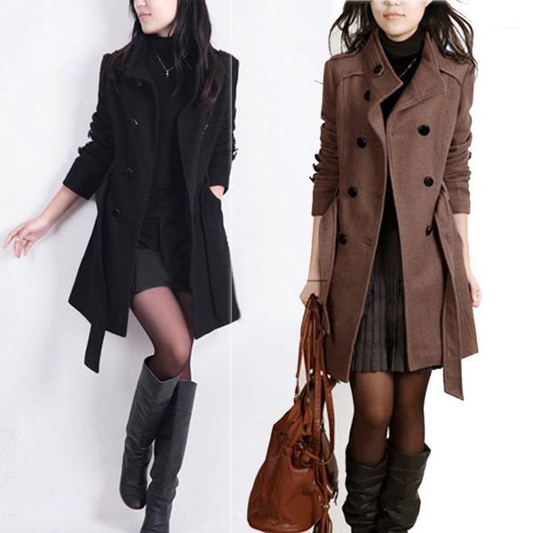 

elegant tie belt double-breasted khaki black long wool coat korean office women windbreaker blends outwear plus size 5xl 4xl1